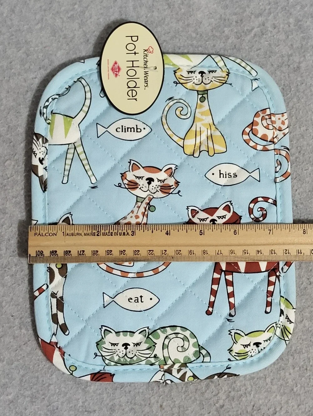 Ritz Kitchen Wears Retro Cats Set 2 Potholders Hot Pads Blue Quilted Kitsch MCM